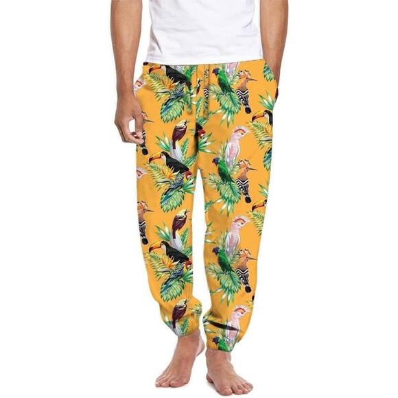 Mad Engine Mens Medium Tropical Birds Of Paradise Gold Satin Lounge Sleep Pants - Picture 1 of 12